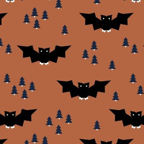 Minimal geometric bats and trees halloween woodland night copper terra cotta navy blue