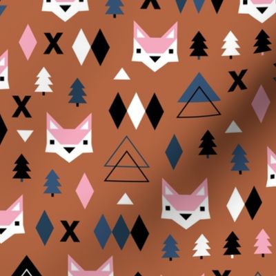 Scandinavian winter Christmas fox friends geometric style illustration design autumn terra cotta pink blue
