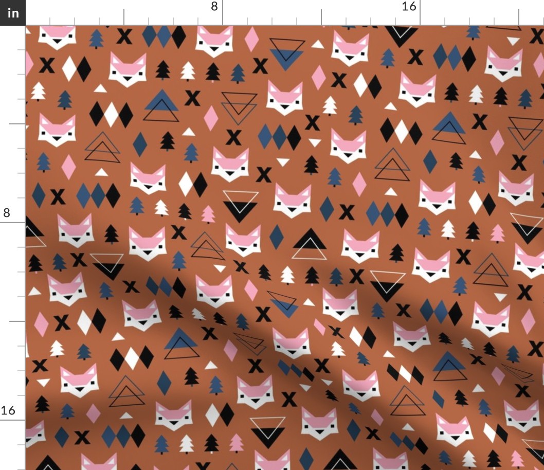 Scandinavian winter Christmas fox friends geometric style illustration design autumn terra cotta pink blue