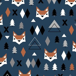 Scandinavian winter Christmas fox friends geometric style illustration design night winter navy blue gray boys