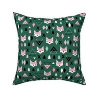 Scandinavian winter Christmas fox friends geometric style illustration design night winter forest emerald green pink girls