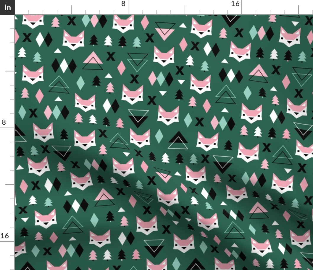 Scandinavian winter Christmas fox friends geometric style illustration design night winter forest emerald green pink girls