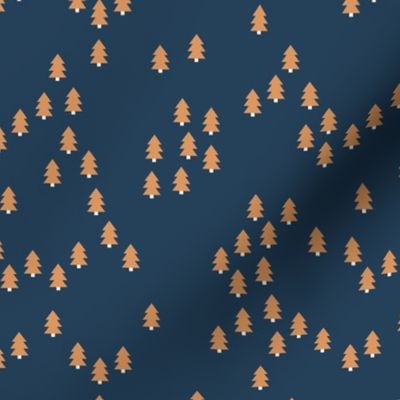 Minimal geometric pine tree forest Christmas winter wonderland woodland design abstract trees navy blue terra cotta gold