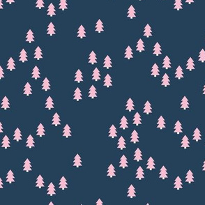 Minimal geometric pine tree forest Christmas winter wonderland woodland design abstract night navy blue pink
