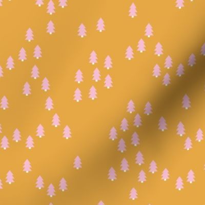 Minimal geometric pine tree forest Christmas winter wonderland woodland design abstract autumn ochre yellow pink girls