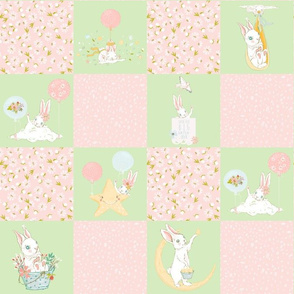 13" Spring is in the air - Little Bunnies and Cute Florals Patchwork - baby girls quilt cheater quilt fabric - spring animals flower fabric, baby fabric, cheater quilt fabric 