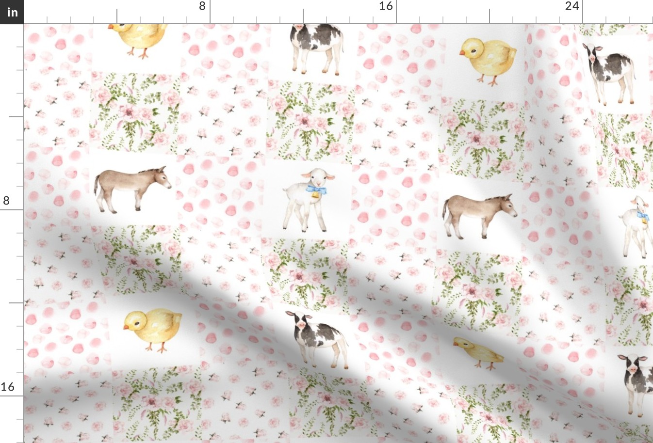 13" Cheater quilts, Spring Florals Mix with Little Animals on Farm on  white