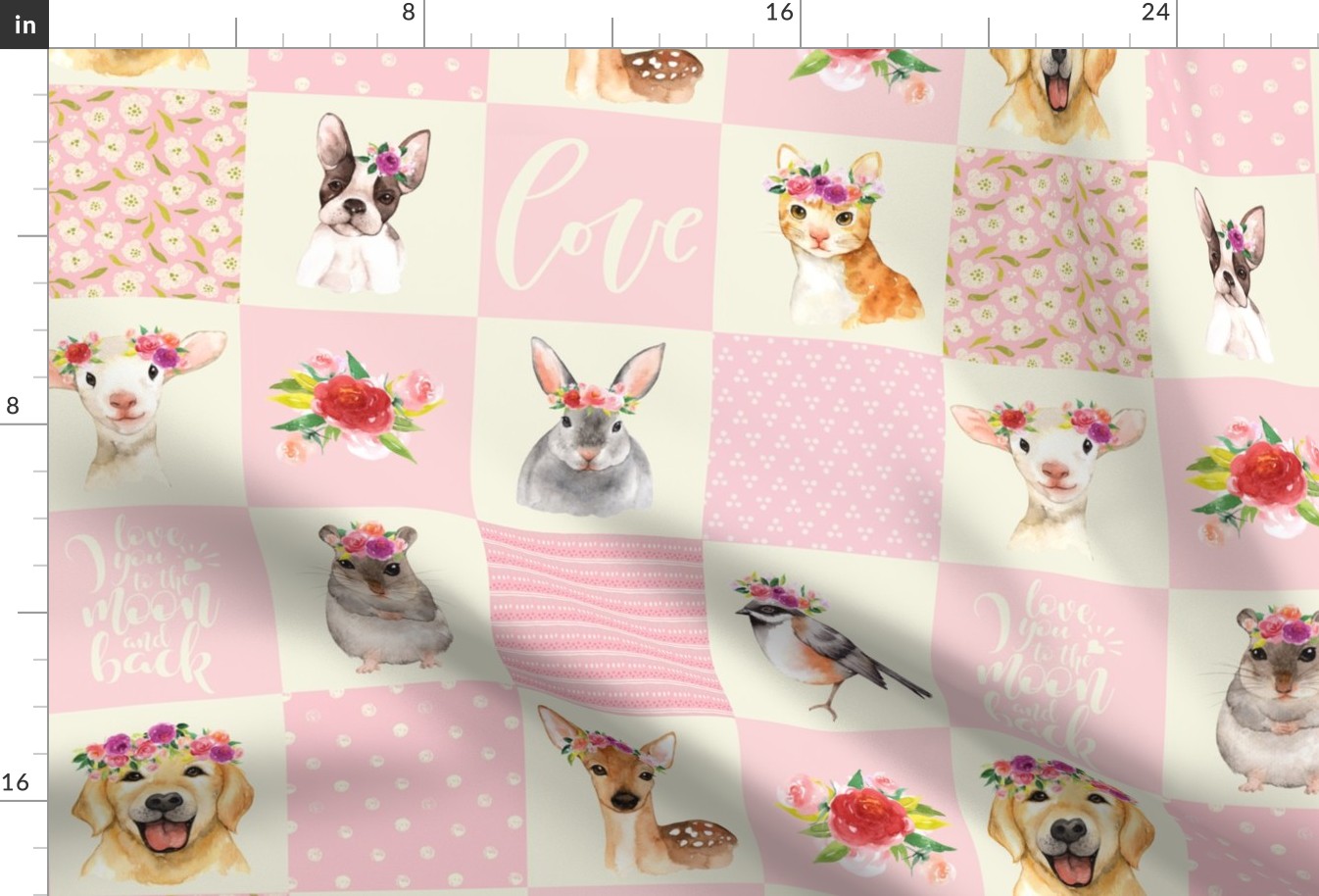 18" Animal Flower Garden- flowers and Cute Animals Patchwork - baby girls quilt cheater quilt fabric - spring animals flower fabric, baby fabric, cheater quilt fabric 