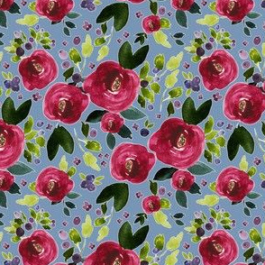 4" Red Roses and Berries Blue Background