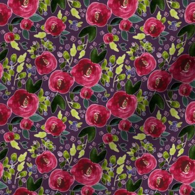 4" Red Roses and Berries Eggplant Background