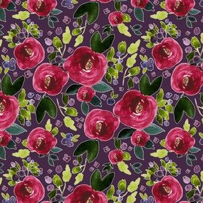 4" Red Roses and Berries Eggplant Background
