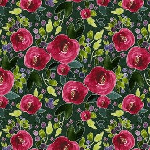 4" Red Roses and Berries Hunter Green Background
