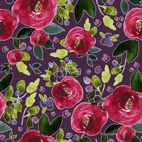 8" Red Roses and Berries Eggplant Background