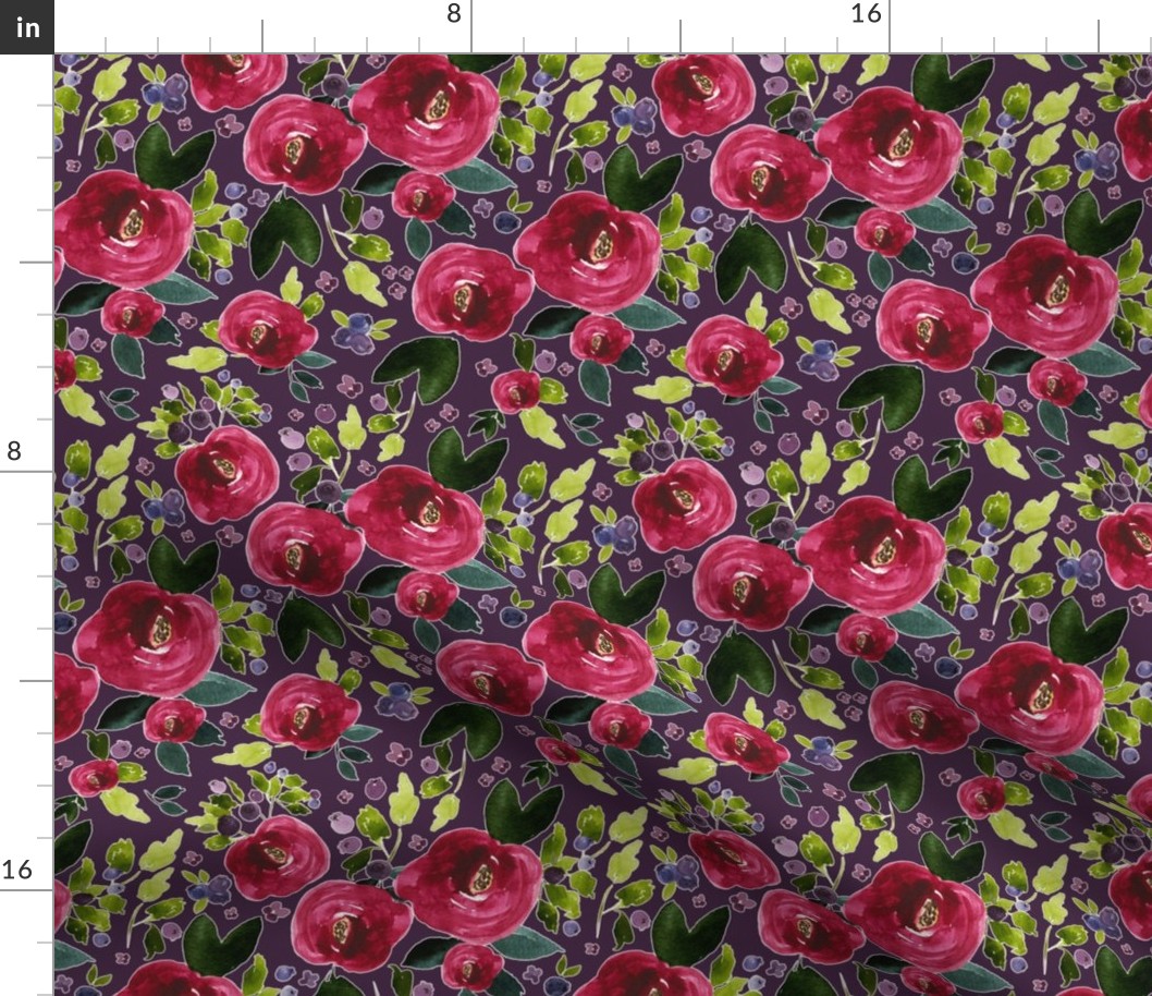 8" Red Roses and Berries Eggplant Background
