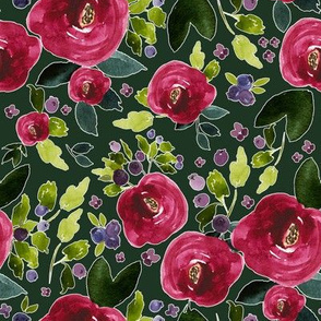 8" Red Roses and Berries Hunter Green Background