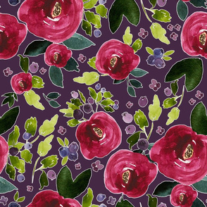 18" Red Roses and Berries Eggplant Background