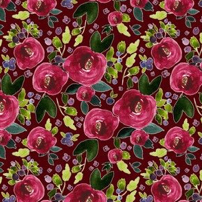 4" Red Roses and Berries Scarlett Background