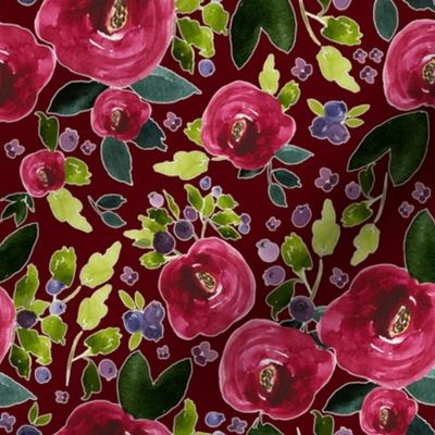 8" Red Roses and Berries Scarlett Background