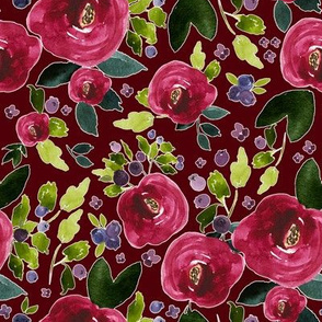 8" Red Roses and Berries Scarlett Background