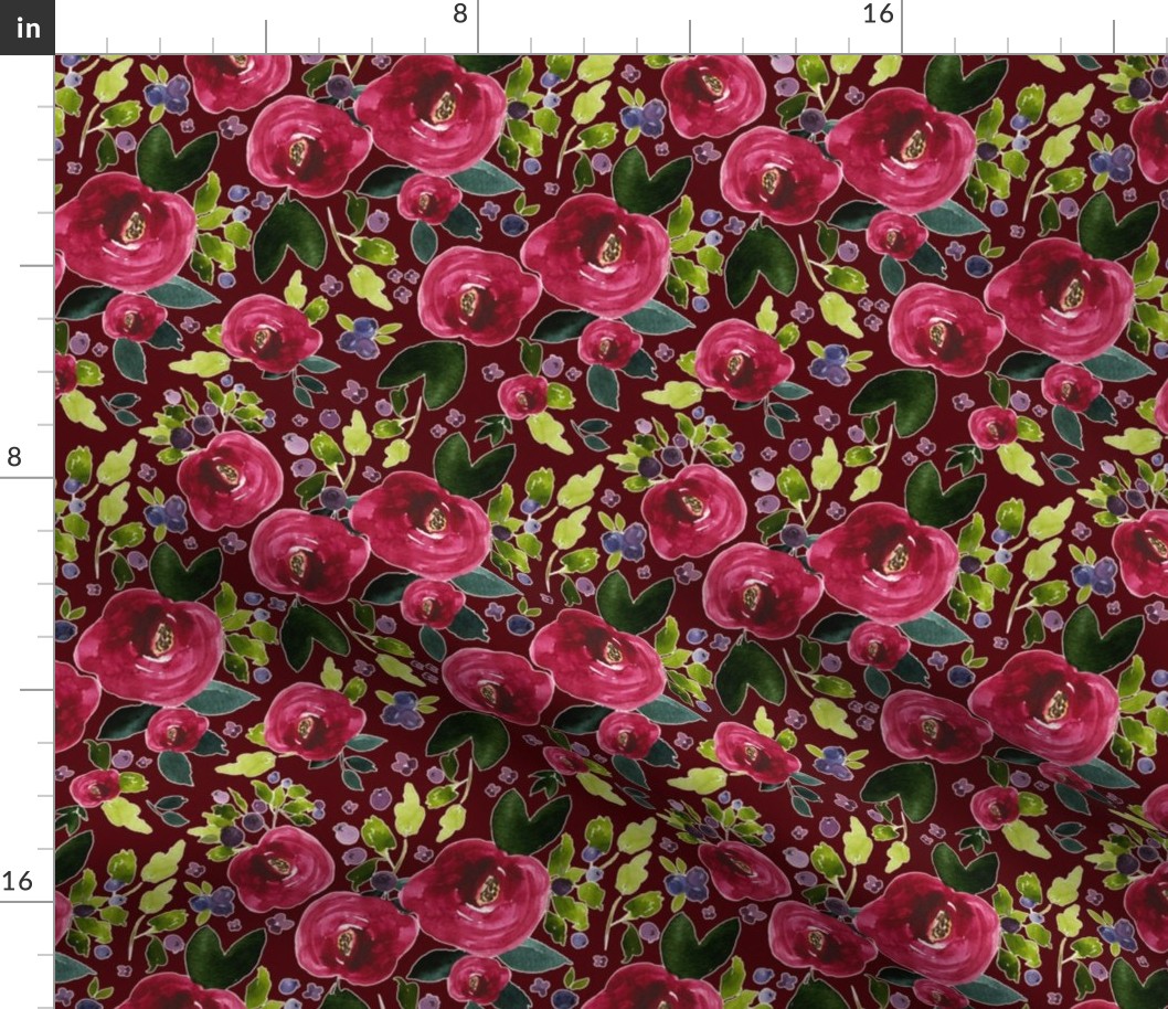 8" Red Roses and Berries Scarlett Background