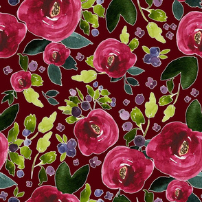 18" Red Roses and Berries Scarlett Background