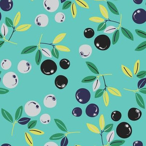 Blueberry Bliss: Dark and Grey Blueberries with Yellow and Green Leaves on Teal 