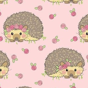 hedgehogs and rosebuds on pink