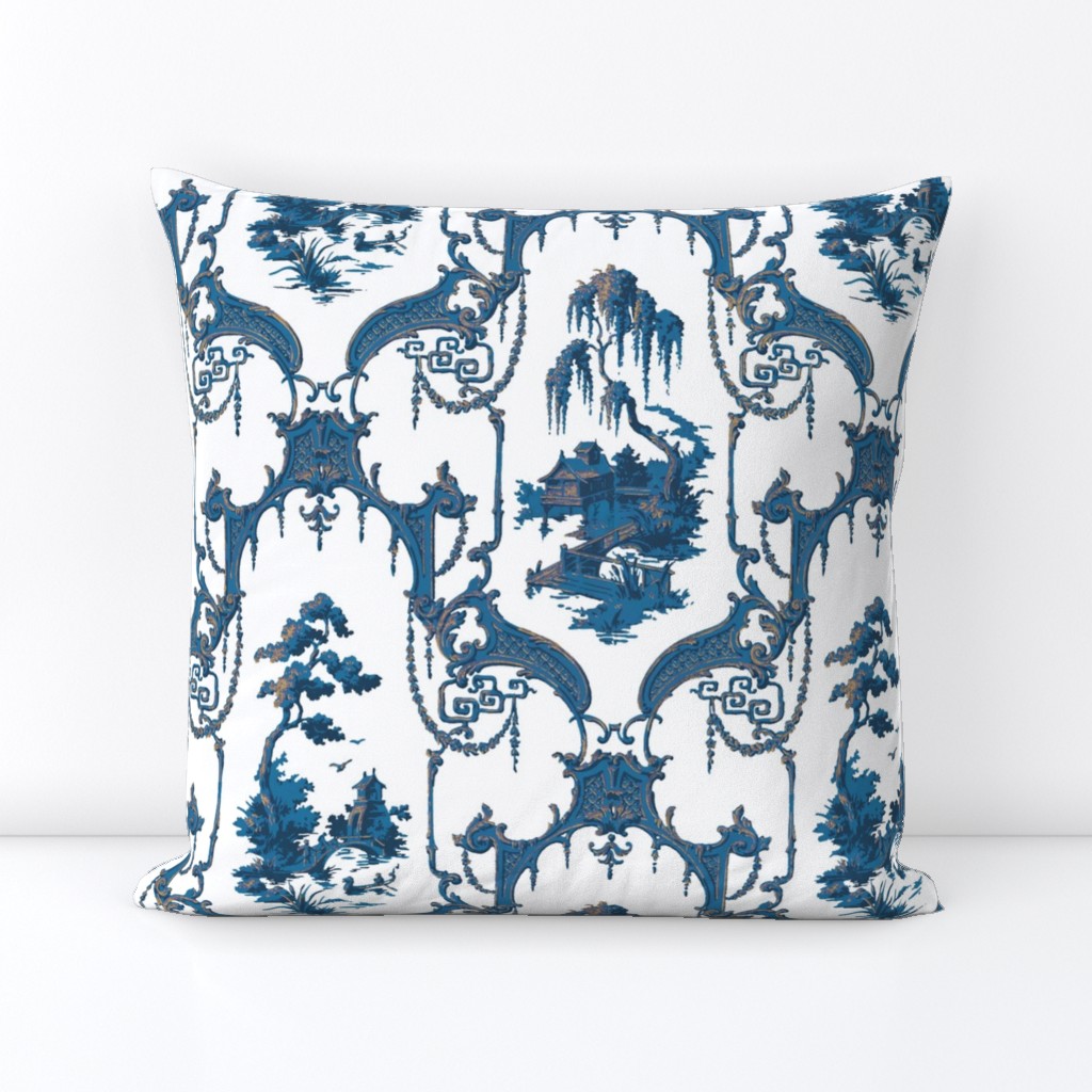 The Hawes Chinoiserie Toile ~  Blue and Faux Gilt on White 