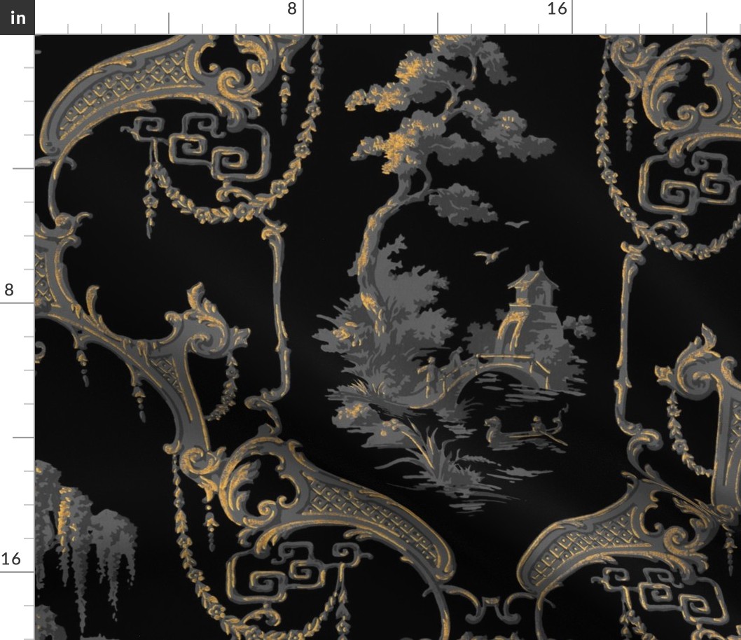 The Hawes Chinoiserie Toile ~  Faux Gilt on Black  