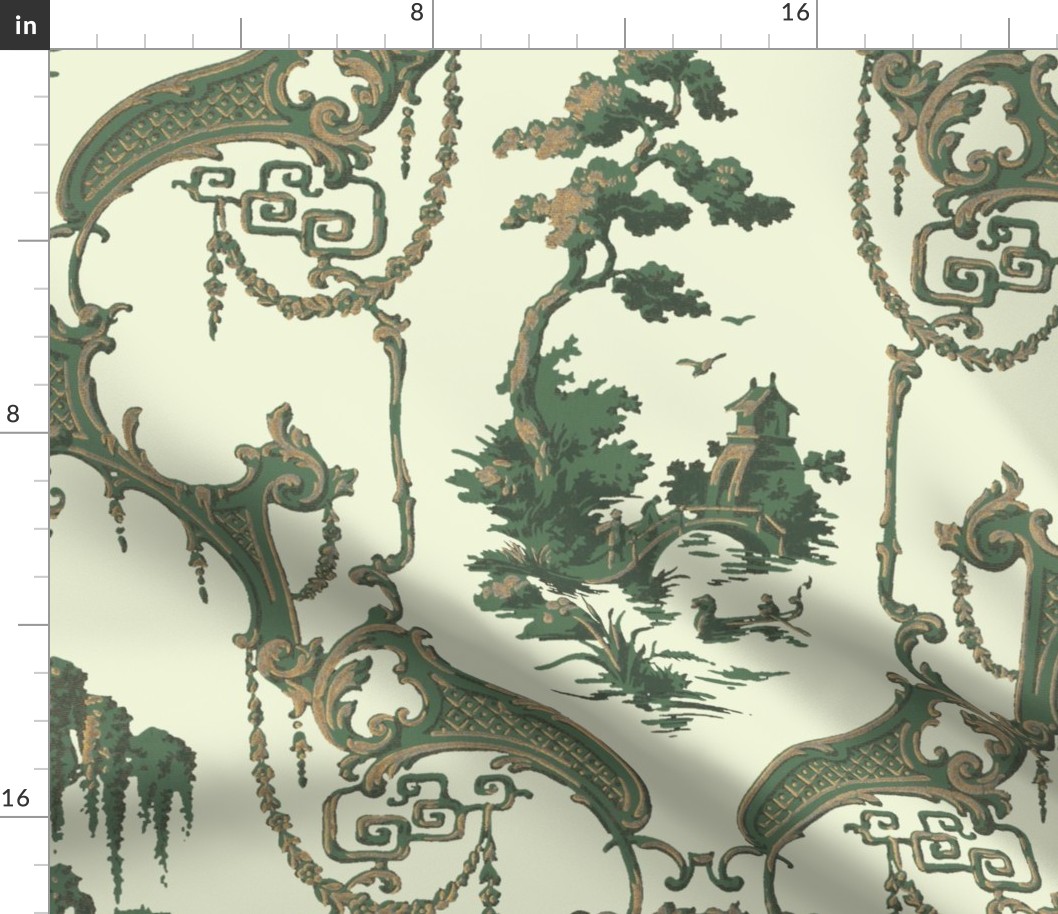 The Hawes Chinoiserie Toile ~  Faux Gilt and Green on Lamia 