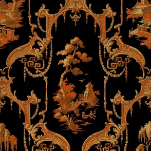 The Hawes Chinoiserie Toile ~ Halloween Orange and Black 