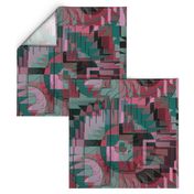 1 one yard cheater quilt kaleidoscope illusion, small scale, red green black pink brown