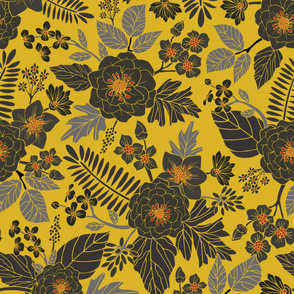 Mustard Yellow, Blue-Gray & Red Floral/Botanical Pattern (Large Scale)