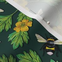 Bumblebees and Buttercups - Green & Yellow Floral/Botanical Pattern