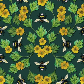 Bumblebees and Buttercups - Green & Yellow Floral/Botanical Pattern