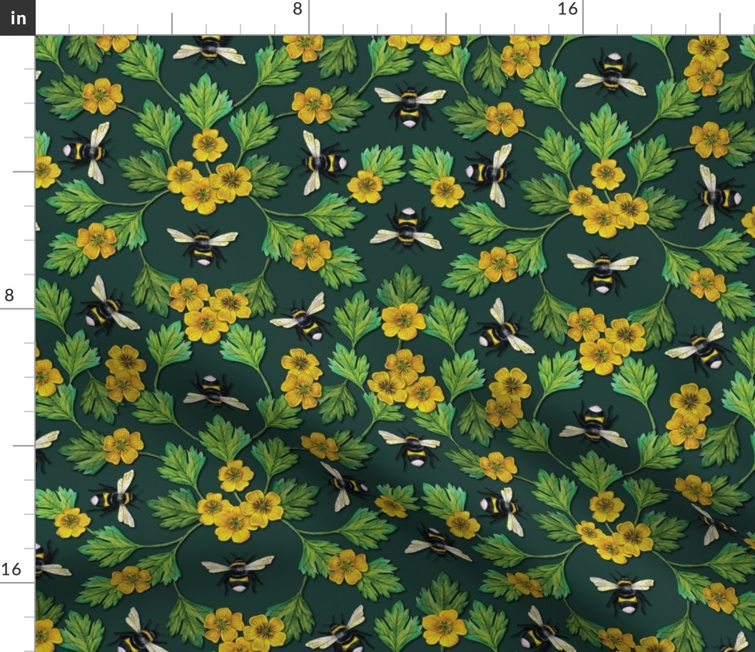 Bumblebees and Buttercups - Green & Yellow Floral/Botanical Pattern