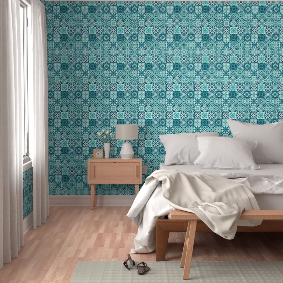 Teal Green Geometric Watercolor Tiles