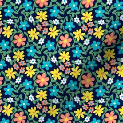 Crazy Daisies Coral Blue and Yellow on Midnight Blue