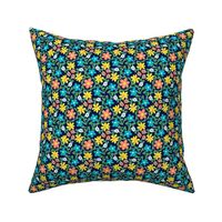 Crazy Daisies Coral Blue and Yellow on Midnight Blue