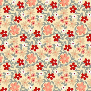 Crazy Daisies in Pink Burgundy Red and Beige on Cream