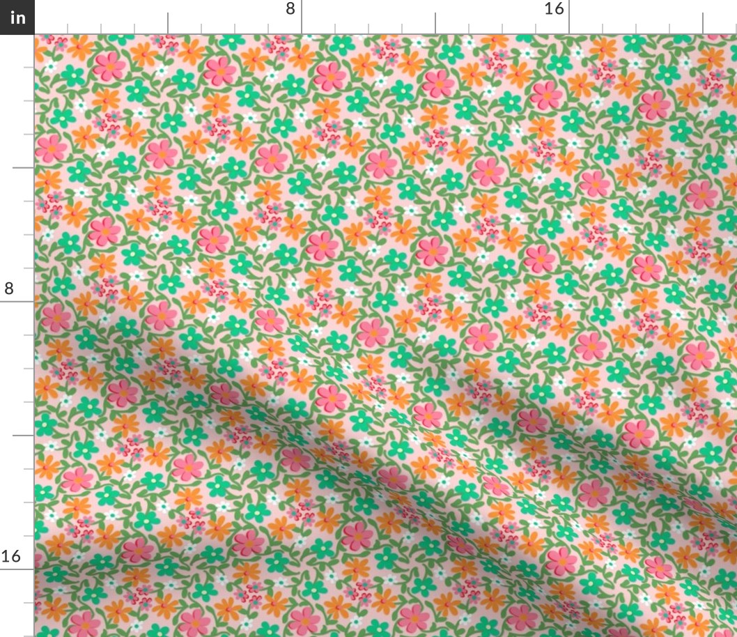 Crazy Daisies in Orange Green and Pink on Blush Pink