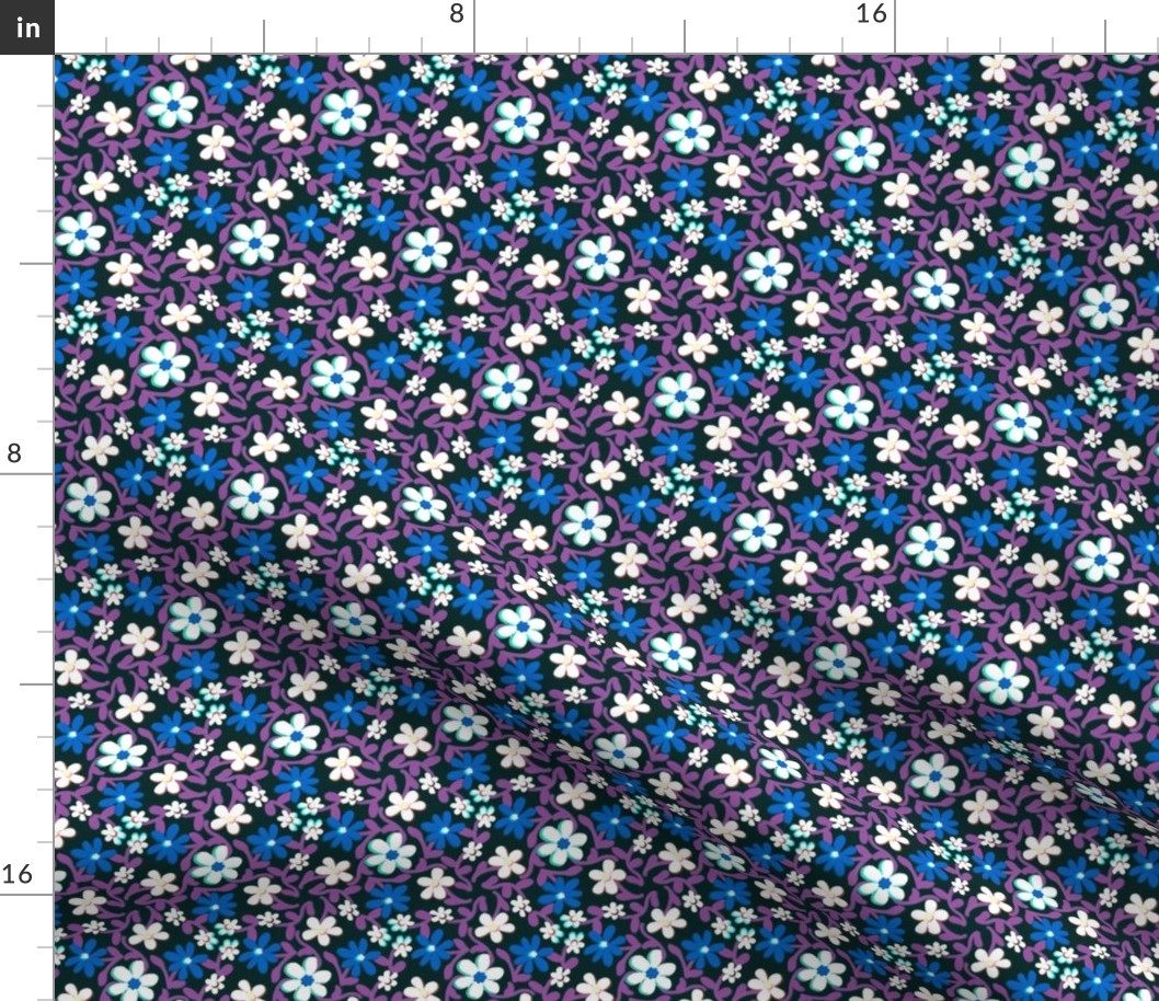 Crazy Daisies Blue White and Purple on Black