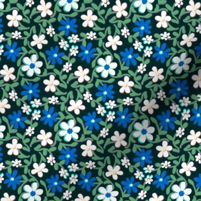 Crazy Daisies Blue White and Green on Black