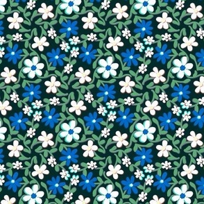 Crazy Daisies Blue White and Green on Black