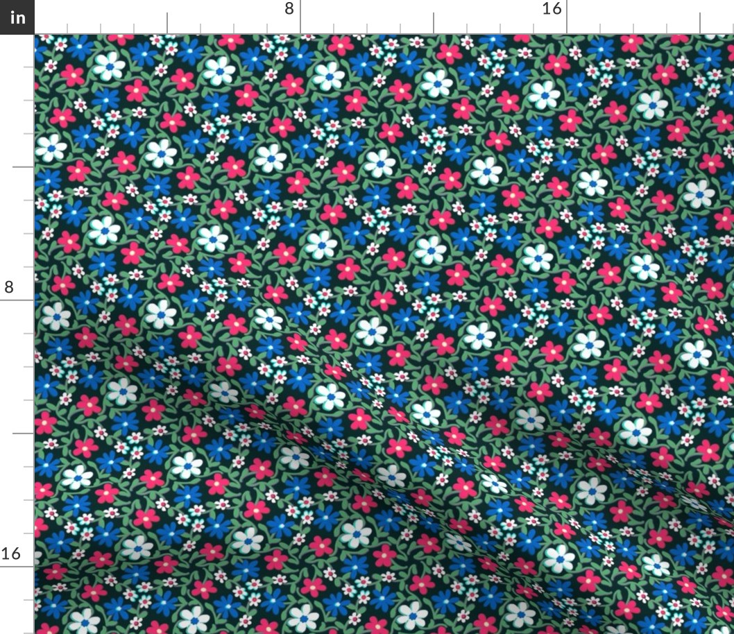 Crazy Daisies Red White and Blue on Black