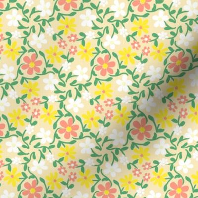 Crazy Daisies Peach White and Yellow on Cream