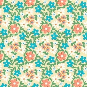 Crazy Daisies Peach White and Blue on Cream