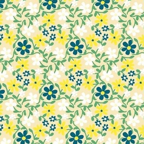 Crazy Daisies Yellow White Blue and Green on Cream