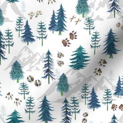 Timberland Tracks – Pine Tree Forest Animal Tracks (teal) SMALLER scale 