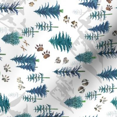 Timberland Tracks – Pine Tree Forest Animal Tracks (teal) SMALLER scale , ROTATED